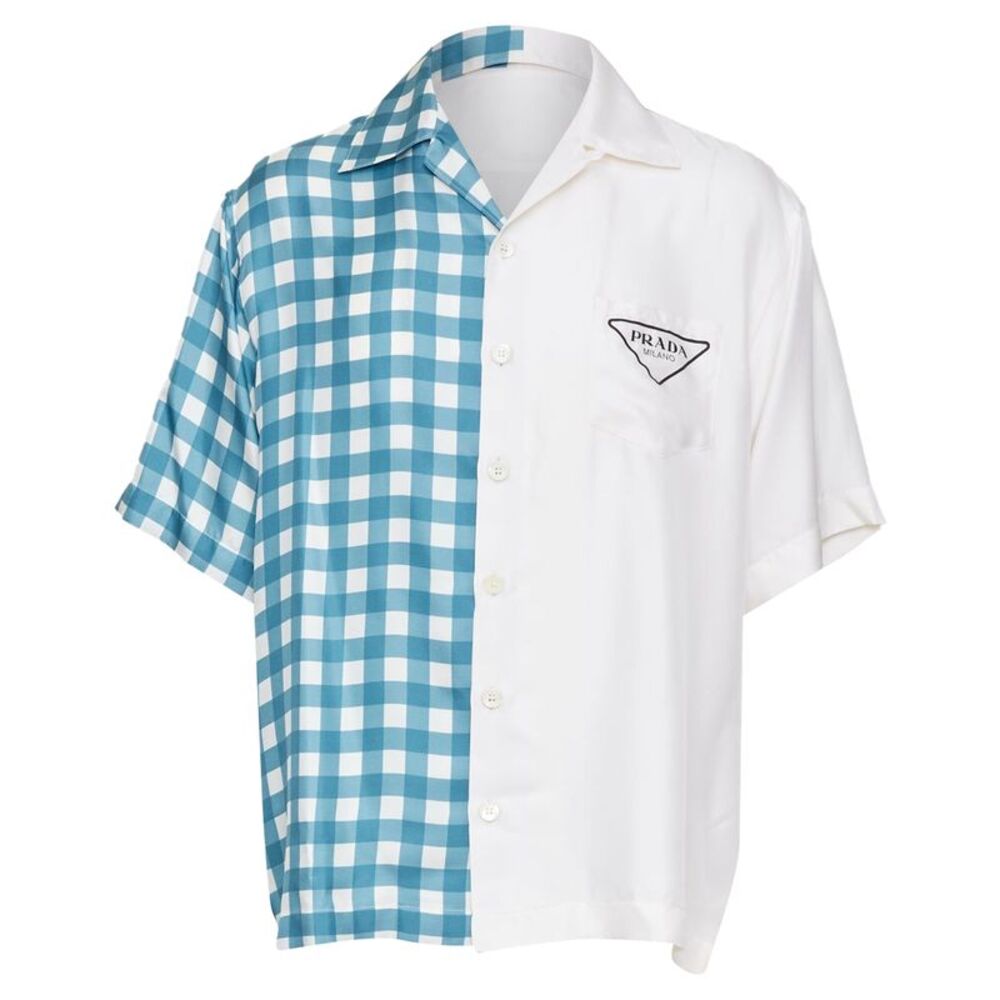 PRADA 2023 Double Match Vichy Split Gingham Check white silk bowling shirt L